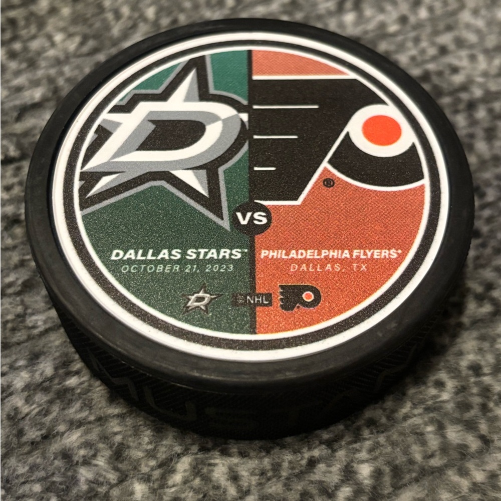 Philadelphia Flyers vs Dallas Stars NHL Match Up Hockey Puck 10/21/2023